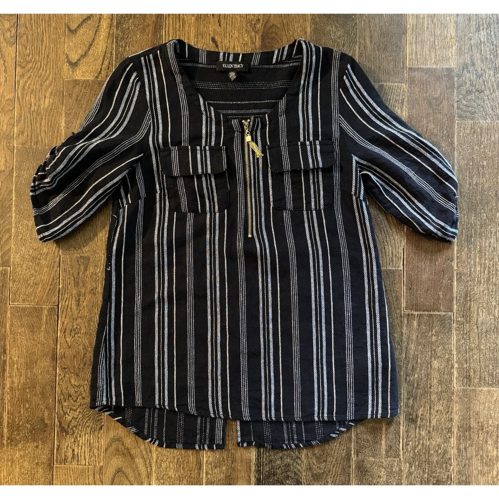 Ellen Tracy Top Navy Blue Striped Linen Blend Roll Tab Sleeve Women's Size XS